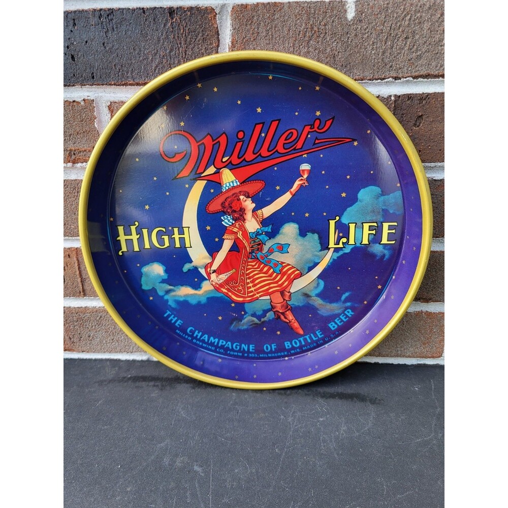 Vintage Miller High Life Girl On The Moon Metal Beer Tray 12"